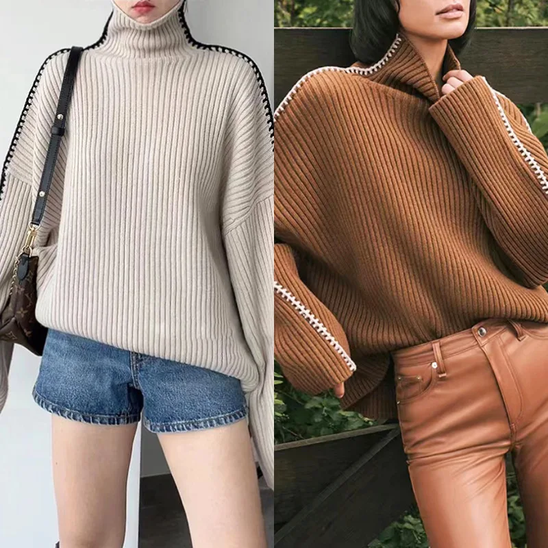 

Женская водолазка свободного покроя, трикотажный пуловер контрастных цветов с открытыми плечами, яркий джемпер, новинка 2022