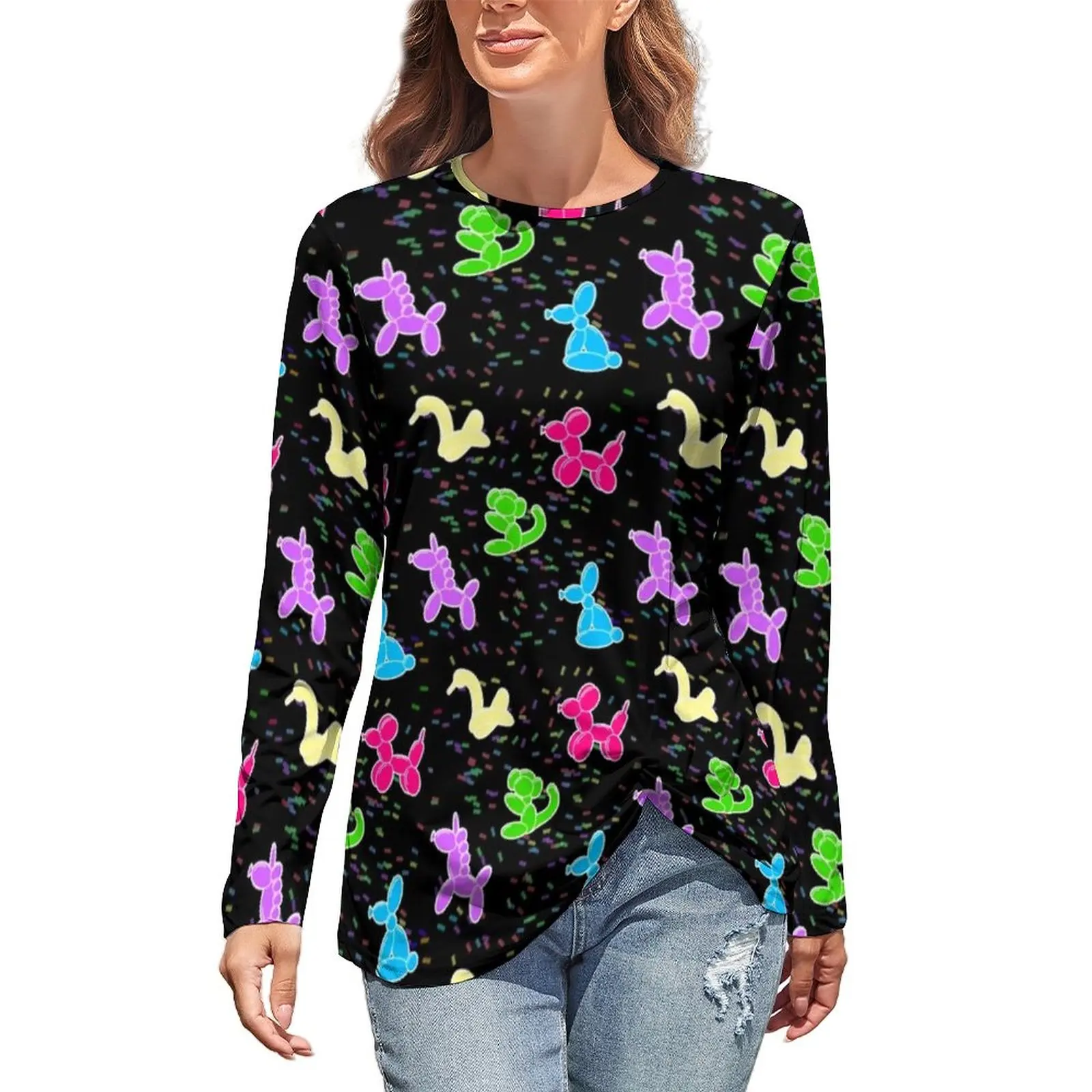 

Classic Balloon T Shirt Colorful Animals Print Streetwear Long Sleeve T Shirts Print Pretty Tee Shirt Female Oversized Top Tees