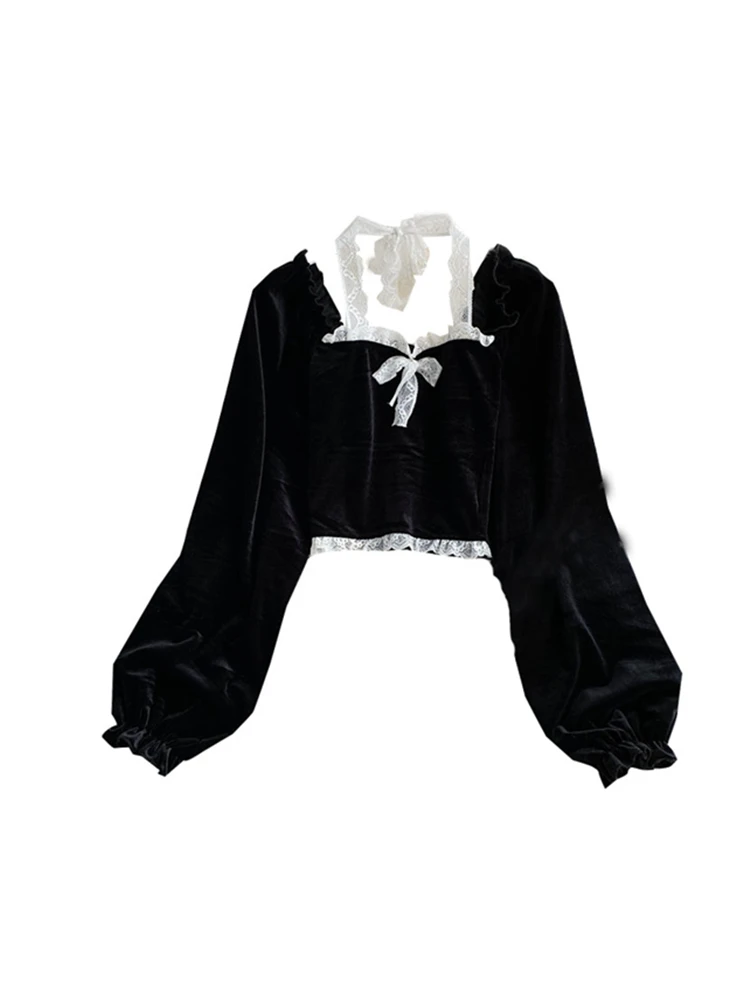 

Black Women Blouses Sexy Halter Lace Patchwork Short Blouse Puff Sleeve Velvet Shirt Female Tops