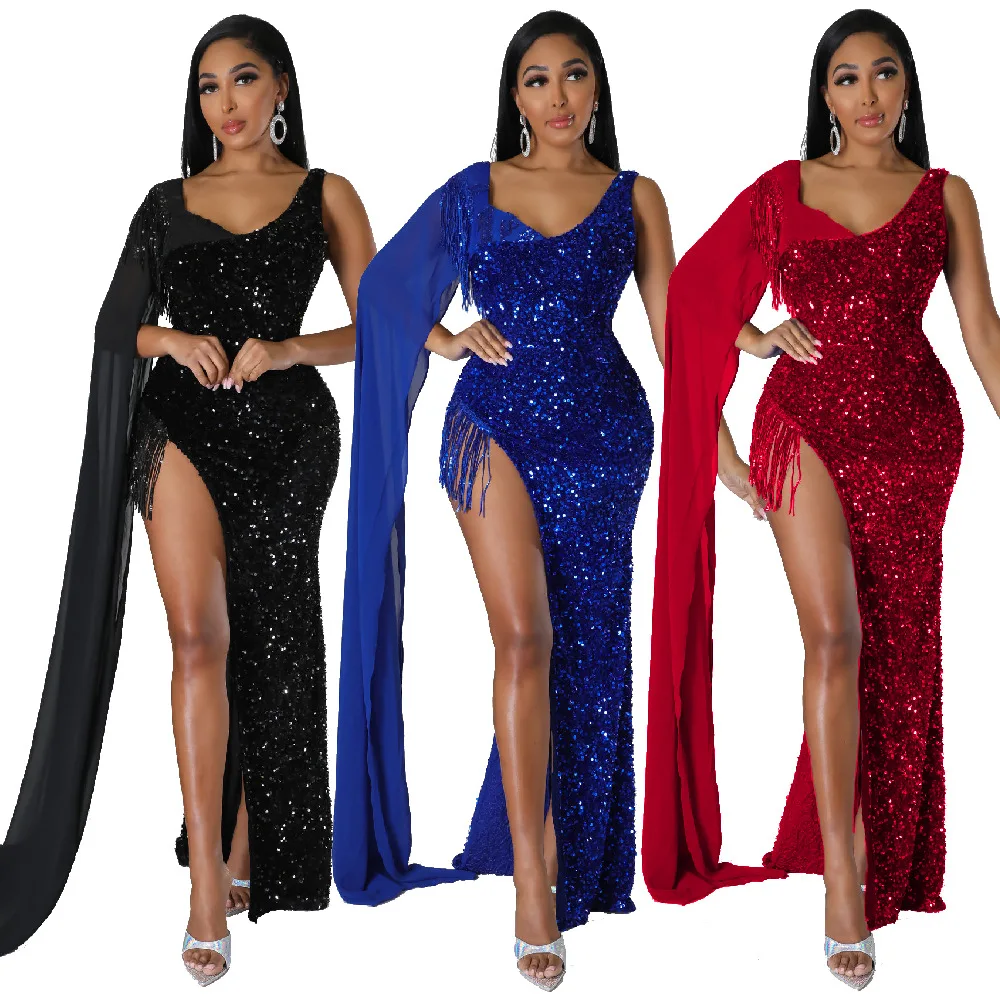 

Woman asymmetric Sleeve Midi dress Solid Color sequins High Split tassel Bodycon Party dress S-2XL 3Color