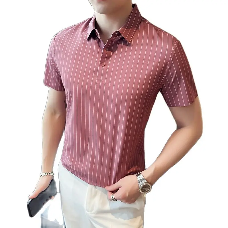 

2023 The Latest Design Men Striped Lapel Elastic Short Sleeve Polo Shirt Summer Business Networking Conference Casual Polo Shirt