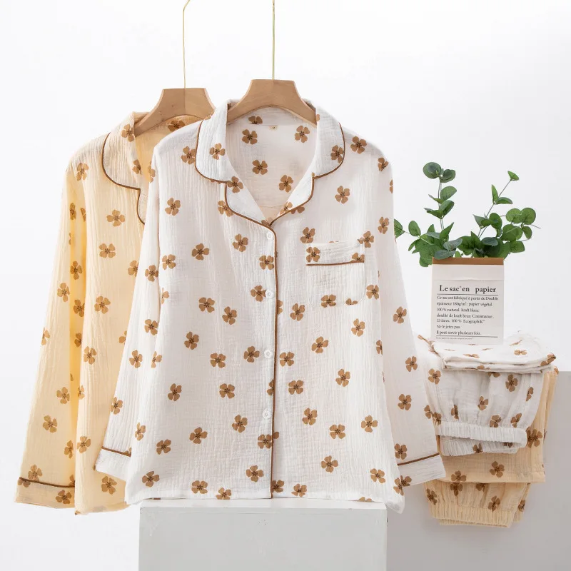 

2022 Autumn Women's Pure Cotton Crepe Gauze Long Sleeve Trousers Pajamas Flower Pijama Mujer Loungewear Sleepwear Home 2 Piece
