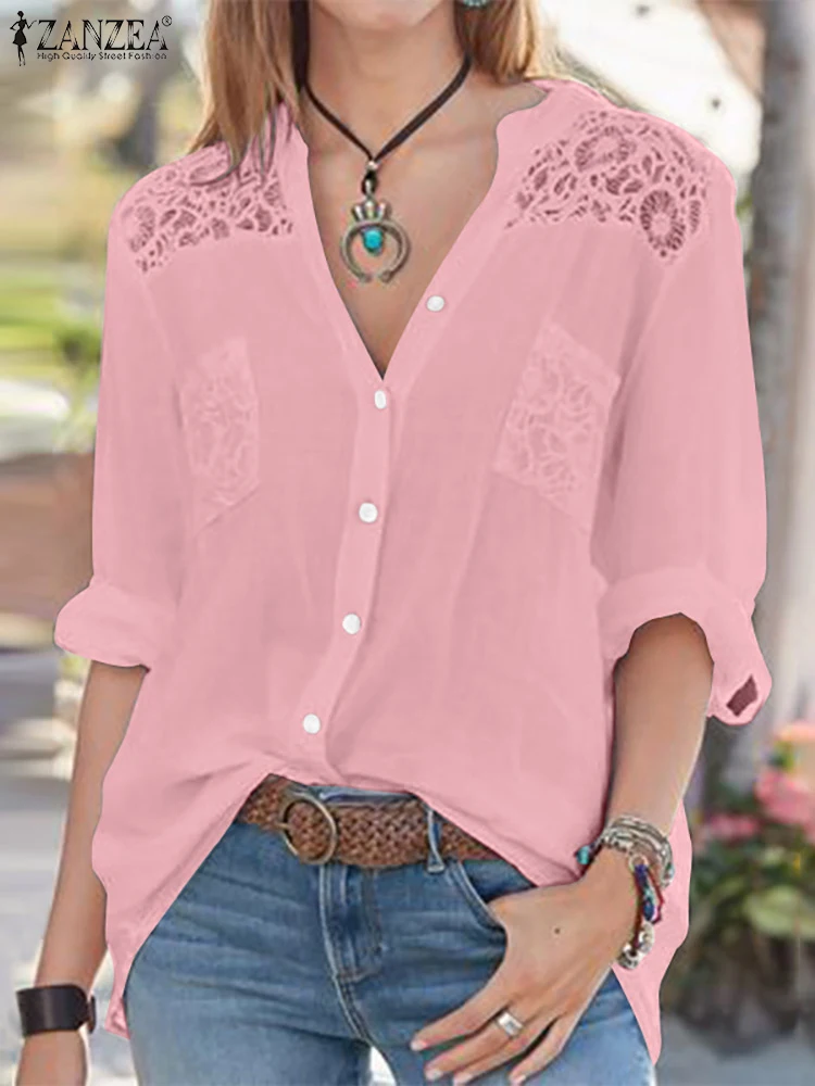 

ZANZEA Fashion Elegant Women Shirt Full Sleeve O-Neck Button Lace Hollow Out Blouse Vintage Autumn Tops Holiday Bohemian Shirt