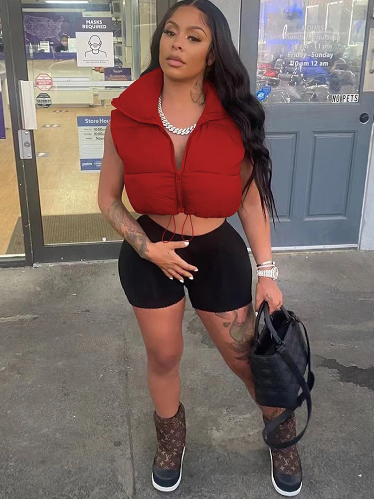 Casual Stand Collar Sleeveless Waistcoat Streetwear Zipper Front Warm Thicken Outwear Autumn Winter Women Brown Padded Vest Coat