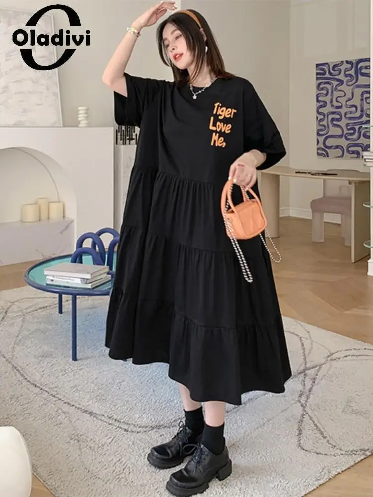 

Oladivi Oversized Letter Print Cotton Dress for Women 2022 Summer New Short Sleeve Casual Loose Midi Dresses Vestidios Robe 1186