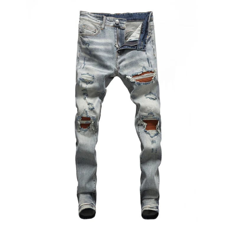 High Street Fashion Men Jeans Retro Gray Blue Elastic Stretch Skinny Ripped Jeans Men Patched Designer Hip Hop Brand Pants Homme