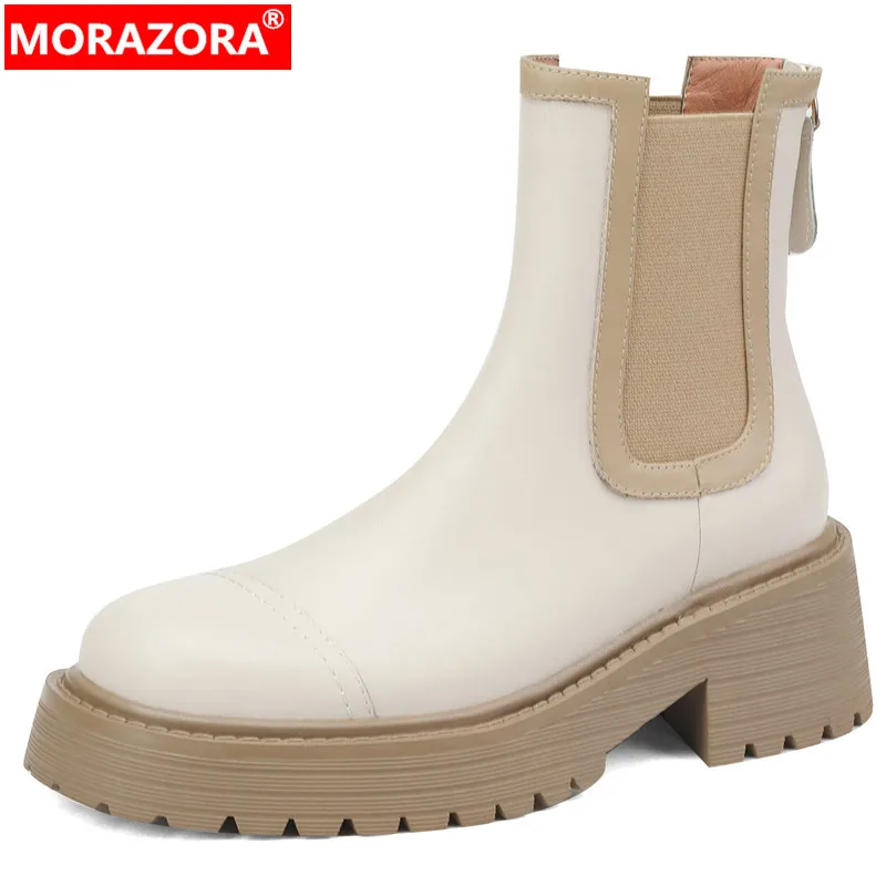 

MORAZORA 2023 New Genuine Leather Zipper Platform Women Boots Mixed Colors Ankle Boots Fashion Square High Heels Winter Boots