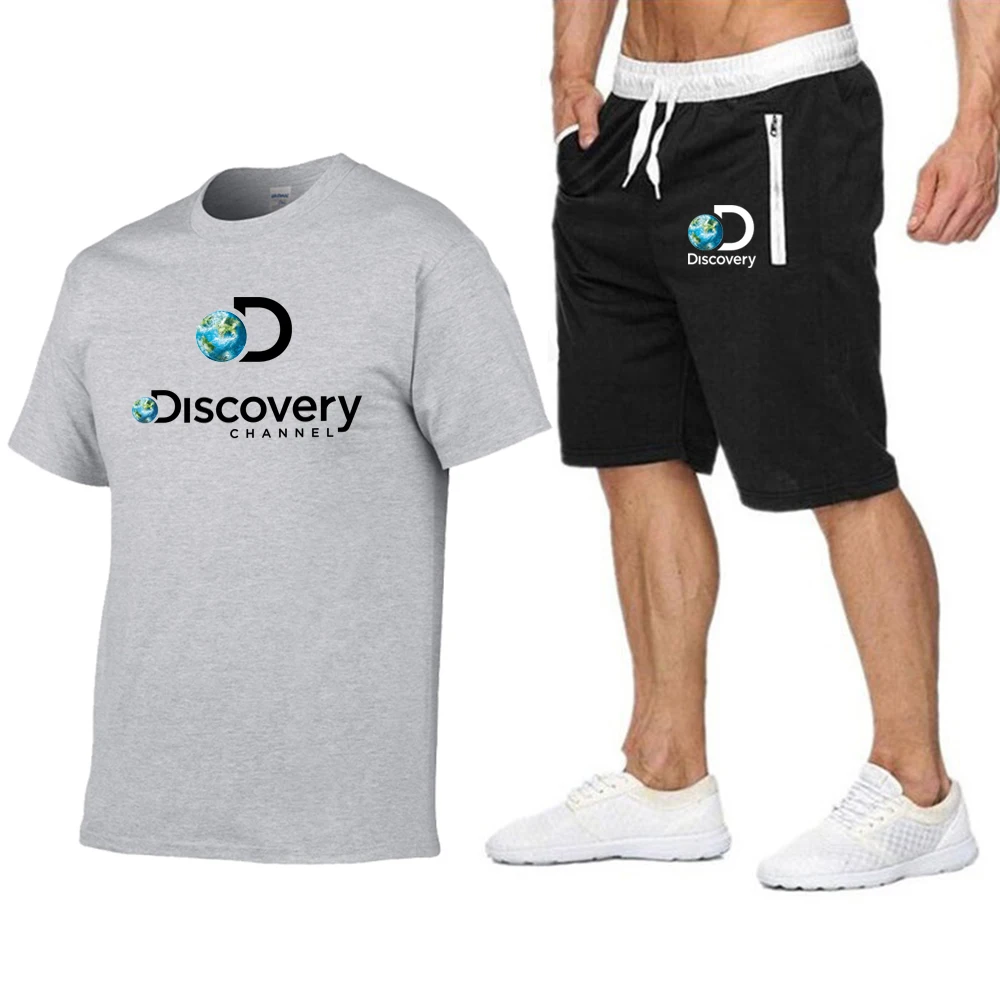 Funny Discovery Channel Men T shirt+Beach Shorts 2 PC Sets 2023 Summer Cotton T-shirt Sportswear streetwear Harajuku Tops Tshirt