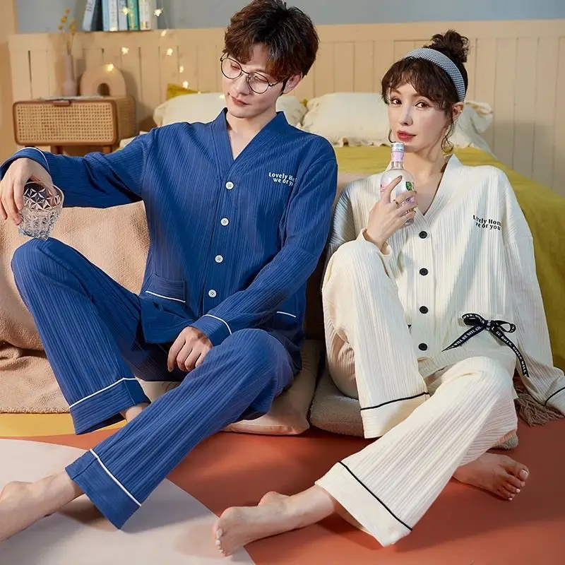 Two sets of price  Couples' pajamas Women's autumn and winter cotton long-sleeved cardigan Men's pajamas Home clothes Spring