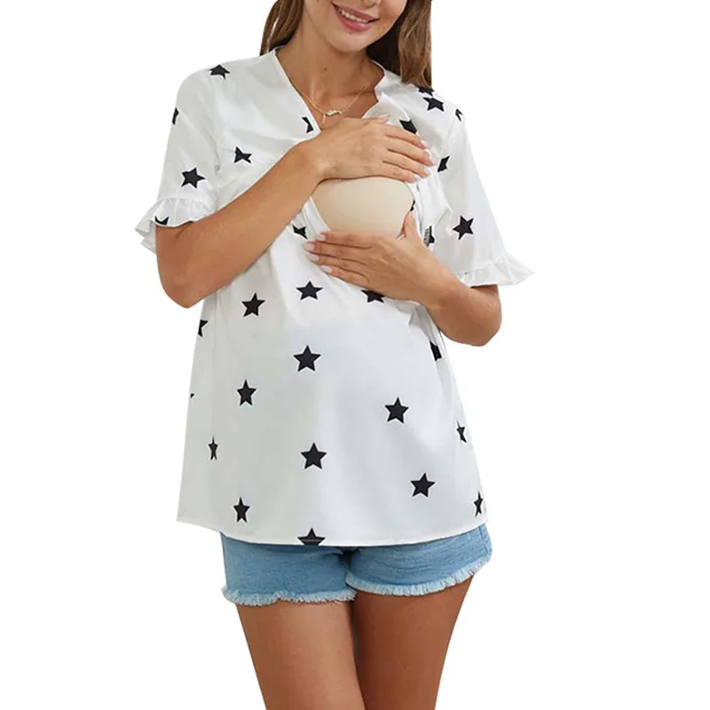 New Summer Maternity Clothes Nursing Top Fashion Casual Cotton Star Print Pregnant Clothes Pregnancy Announcement Maternity Tops