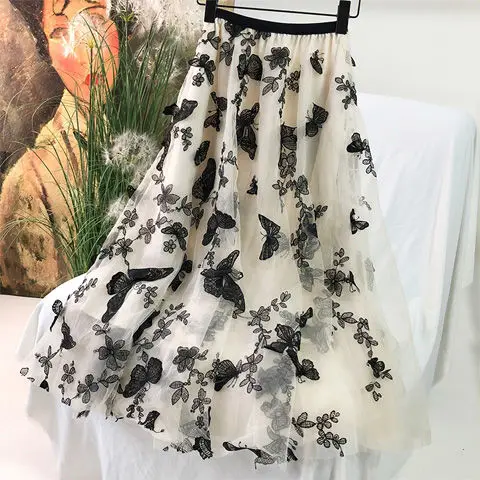 Butterfly Heavy Industry Embroidered Mesh Skirt Women's Spring/Summer New Long Pleated Skirt A- Line Skirt