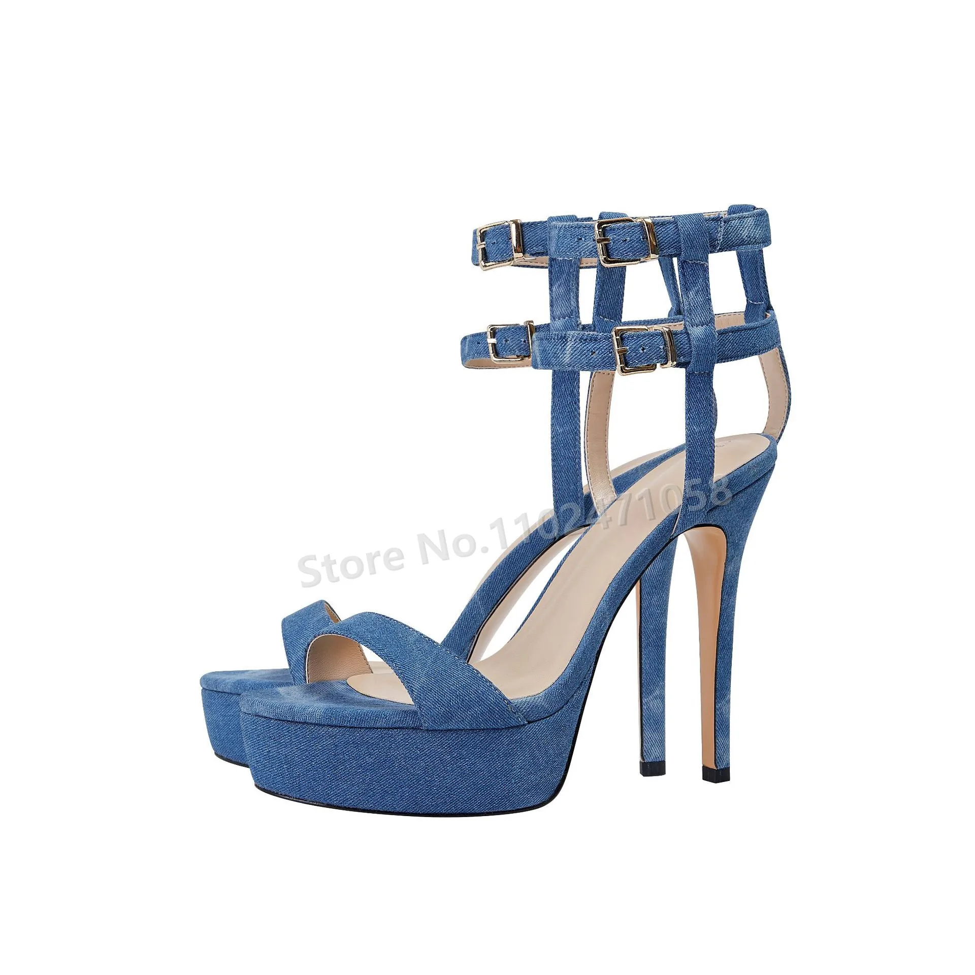 

Blue Denim One Strap Hight Heels Sandals Women Chunky Platform Peep Toe Thin Heels Ankle Buckle Strap Shoes Ladies Party Pumps