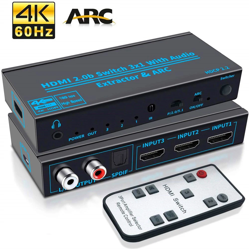 

4K 60 Гц HDMI 2.0b переключатель 3x1 с аудио экстрактором и ARC HDMI переключатель 3 в 1 выход поддерживает ARC 4K Full HD Высокое разрешение HDCP 2,2