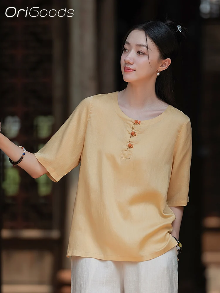 Новинка 2024 летняя Тонкая Блузка OriGoods футболка женские льняные крутые футболки в