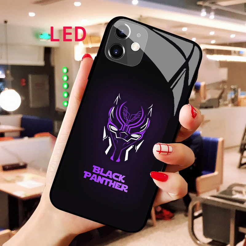 

Luminous Tempered Glass phone case For Apple iphone 13 14 Pro Max Puls mini Black Panther Luxury Fashion LED Backlight new cover