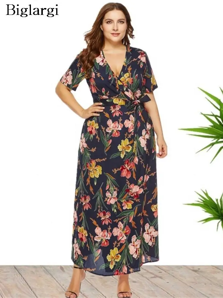 

Plus Size Summer Floral Long Dress Women Flower Print Bohemian Style Ladies Dresses Fashion Casual Loose Woman Dress 2023