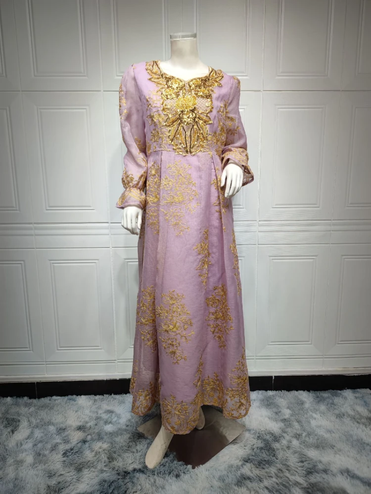 Muslim Fashion Dresses 2023 Spring Summer Muslim Women Long Sleeve V-neck Polyester Embroidery Long Dress Muslim Abaya