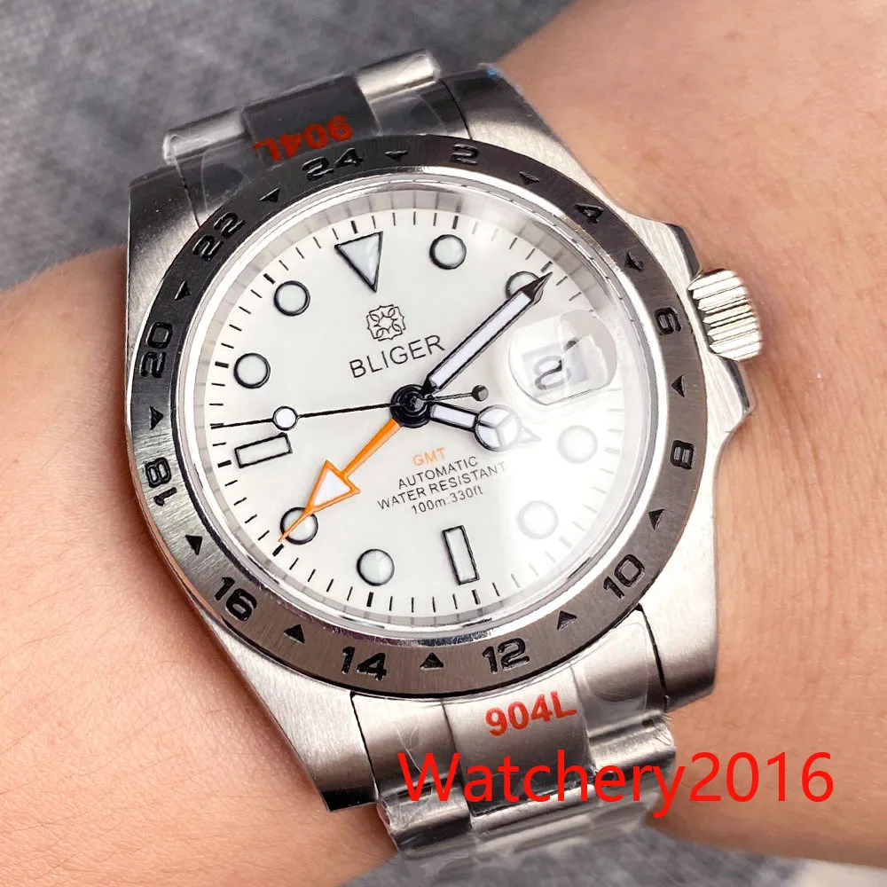 

Мужские часы марки BLIGER, белые автоматические часы GMT 39 мм, стальной безель, матовый браслет, Завинчивающаяся Корона из сапфирового стекла