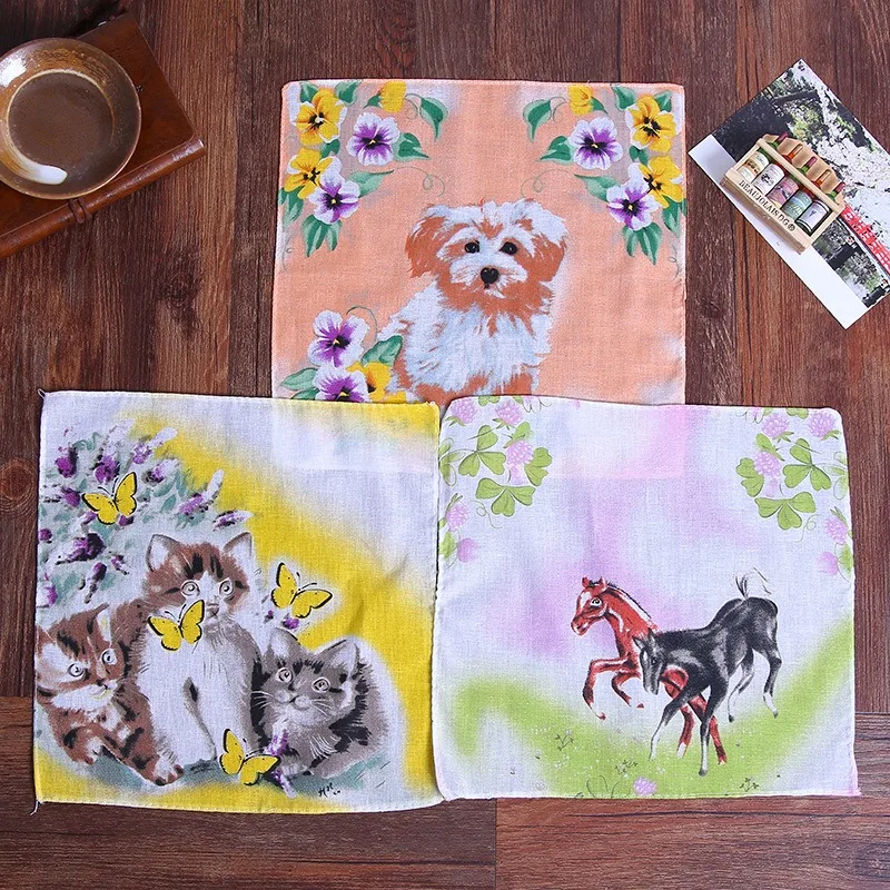 

10pcs HOT lace 100%cotton animal printed Handkerchiefs baby Handkerchief children face hand kids kitchen towels Christmas Gifts