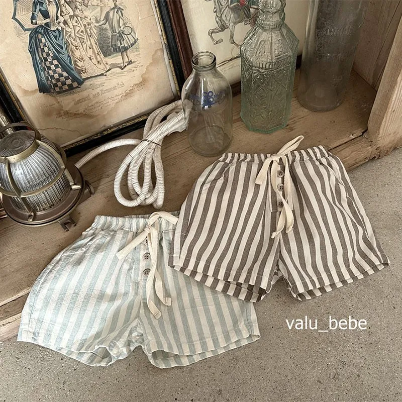 

Children Summer Clothes Casual All-match Kid Boy Striped Pocket Shorts Girl Baby Cotton Retro Simple Thin Pants Infant Trousers
