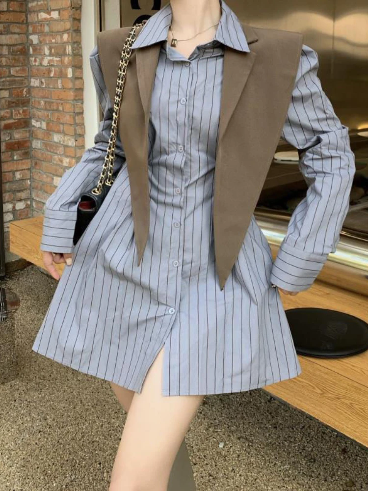 

2023 Spring Korean Fashion Slim Blouses Female Lolita Stripe Casual High Street Chic Shirt Dress Suit Elegant Long Sleeve Shirts