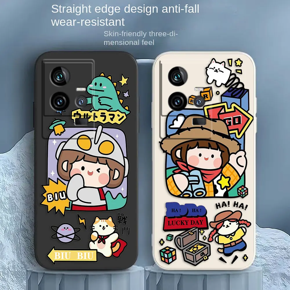Cute Little Girl Cat Phone Case For VIVO IQOO 5 7 8 9 10 11 Pro 5G Z3 Z5 Z6 Z7 NEO3 5 5S 6 7 Colour Liquid Case Funda Shell Capa