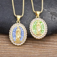 aibef high quality zircon oval crystal inlaid virgin mary rainbow shell pendant necklace unisex religious retro jewelry gift