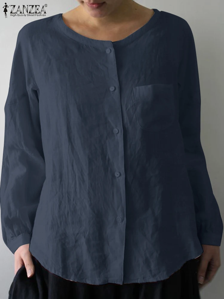 

Модная блузка ZANZEA из чистого хлопка, рубашка с длинным рукавом и круглым вырезом, однотонные повседневные рубашки, женские элегантные топы большого размера с передними карманами, 2023