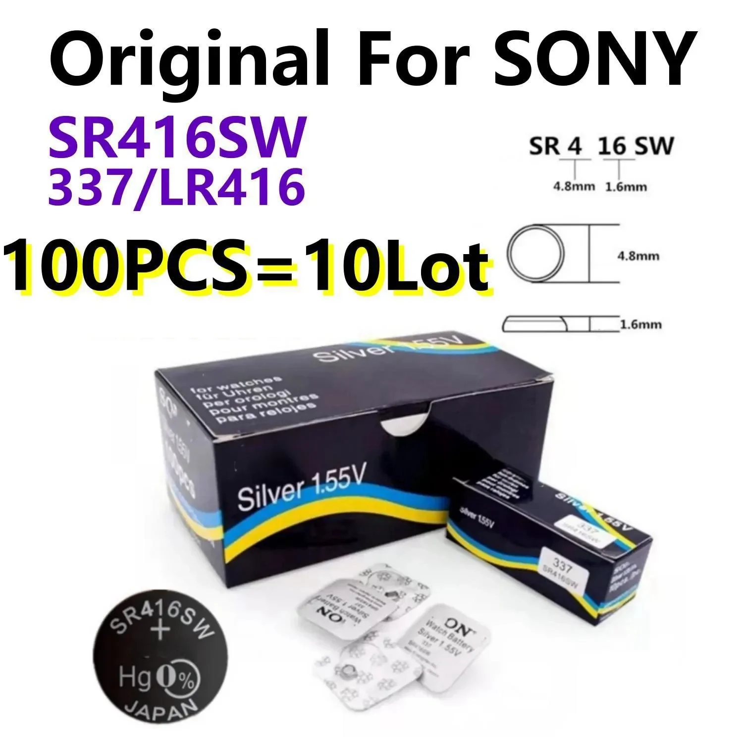 Фото Оригинальный 100 шт. 1,55 В для SONY SR416SW, батарейка для часов, батарейка для монет, 623 D337 337 SP337, индивидуальная упаковка №1