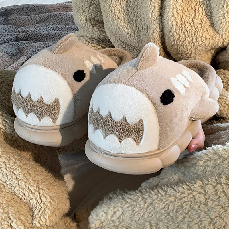

Shevalues Plush Shark Slippers For Women New Fashion Plush Slippers Cozy Furry Slides For Home Indoor Cute Non-slip Cotton Shoes
