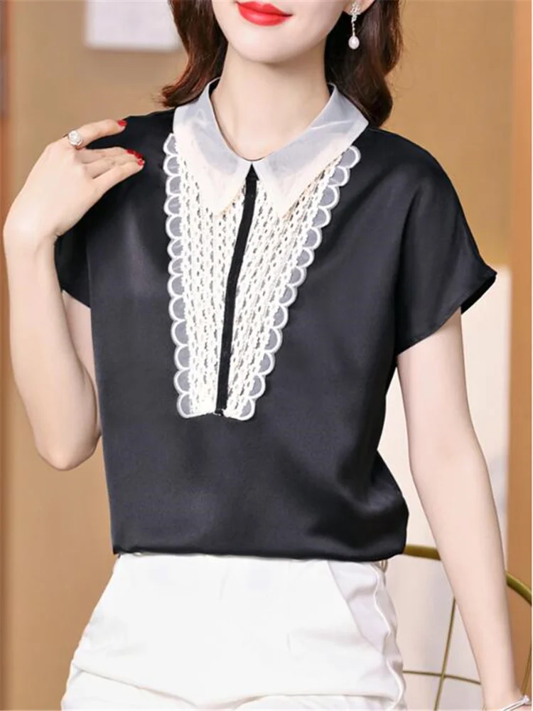 Модный кружевной пуловер с коротким рукавом для женщин сращенный воротник