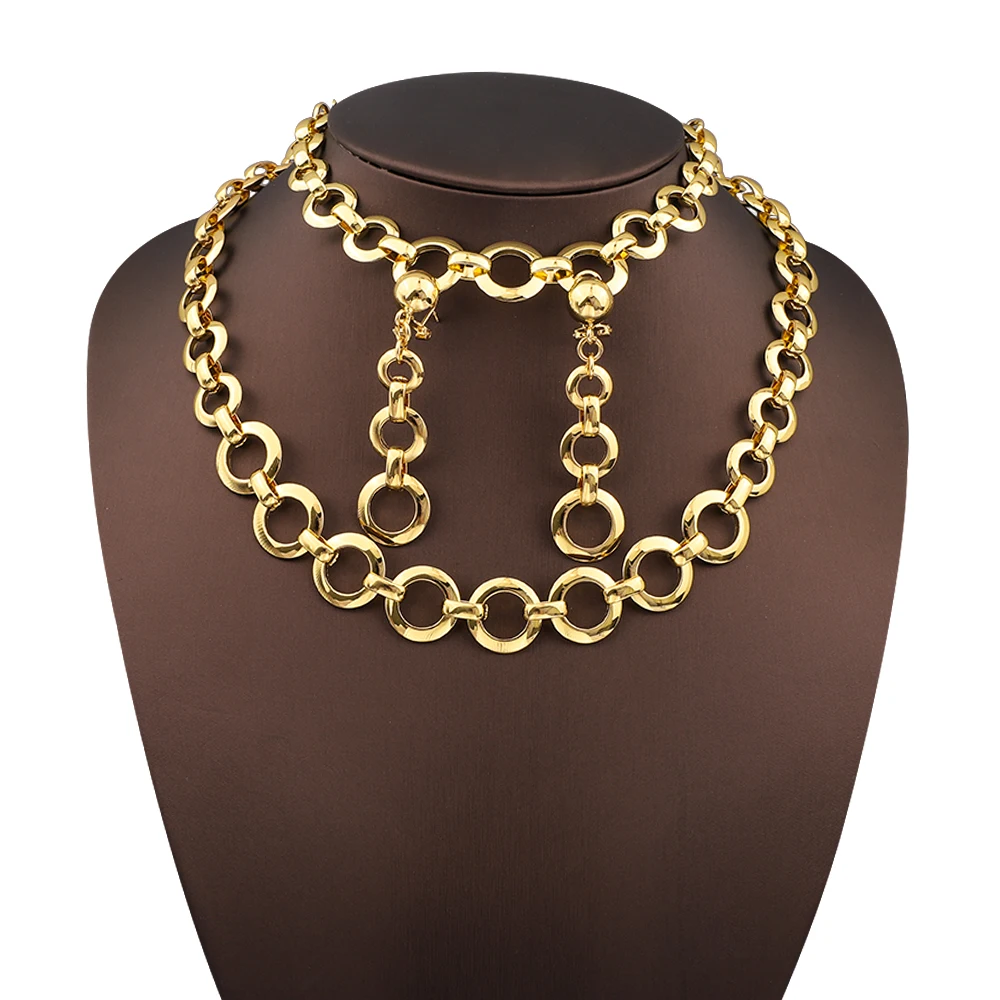 

Dubai Jewelry Sets Gold Color Copper Necklace Bracelet Earring Set Men Women's Curb Cuban Thick Chain Wholesale Jewelry Gift