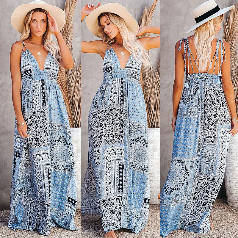 

Women‘s Summer Holiday Vacation Wear Vintage Literary Print Sling Backless Long Dress Maxi Dresses for Women