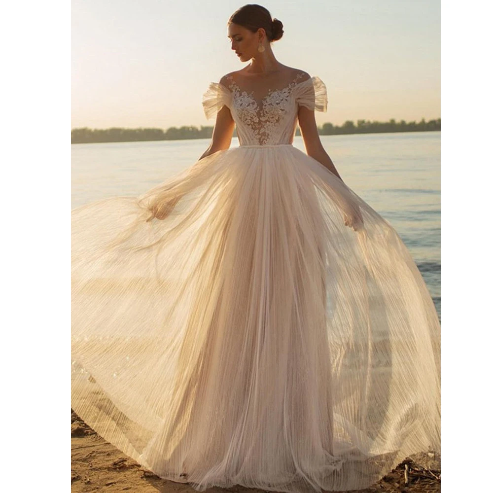 

Beach A Line Princess Wedding Dress 2022 Appliques Pearls Cap Sleeve Sweetheart Illusion Bridal Gowns Sweep Train Robe De Mariée