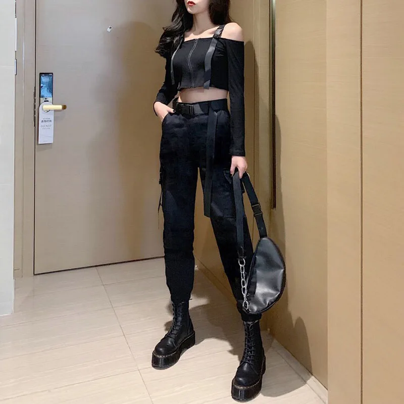 Women Dark Academia Plus Size Korean Style Loose Pants 2023 Fashion Elastic Waist Cargo Female Streetwear Pants Trousers Belted