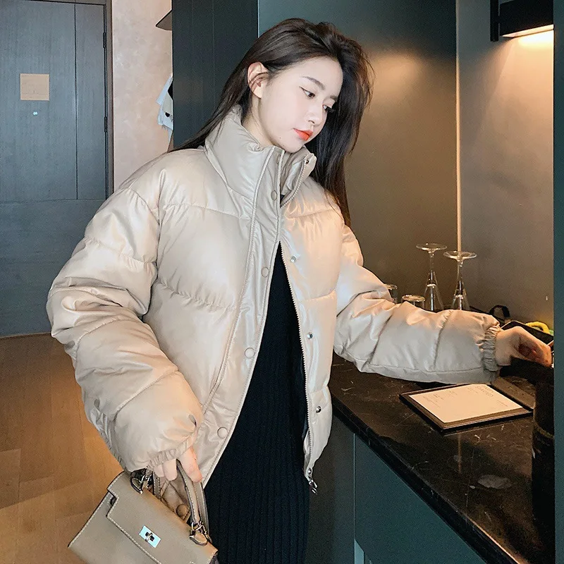 GRELLER Winter Warm Thick PU Leather Coats Women Short Parkas Fashion Black Cotton Padded Lady Down Jacket Zipper Clothes 2022
