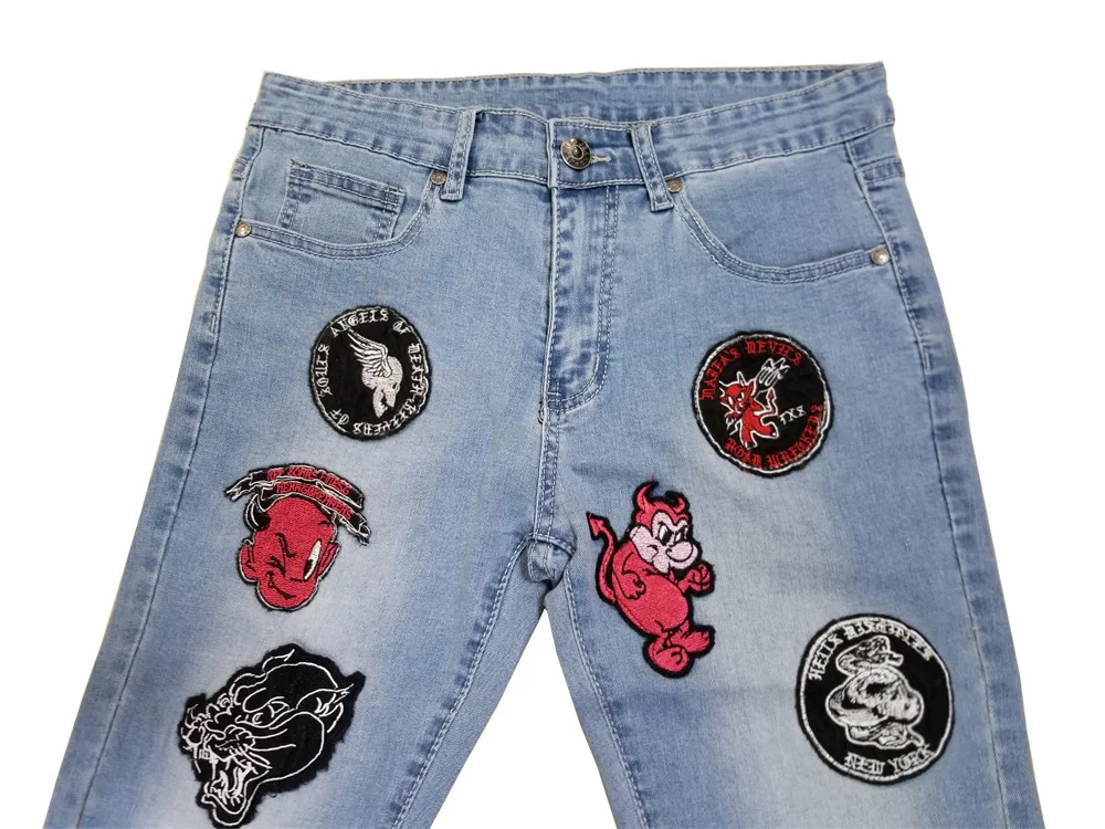 Fashion High Street Wear Y2K Embroidered Patch Stretch Slim Fit Plus Size Pants Men's Cotton Trousers Pencil Jeans For Men
