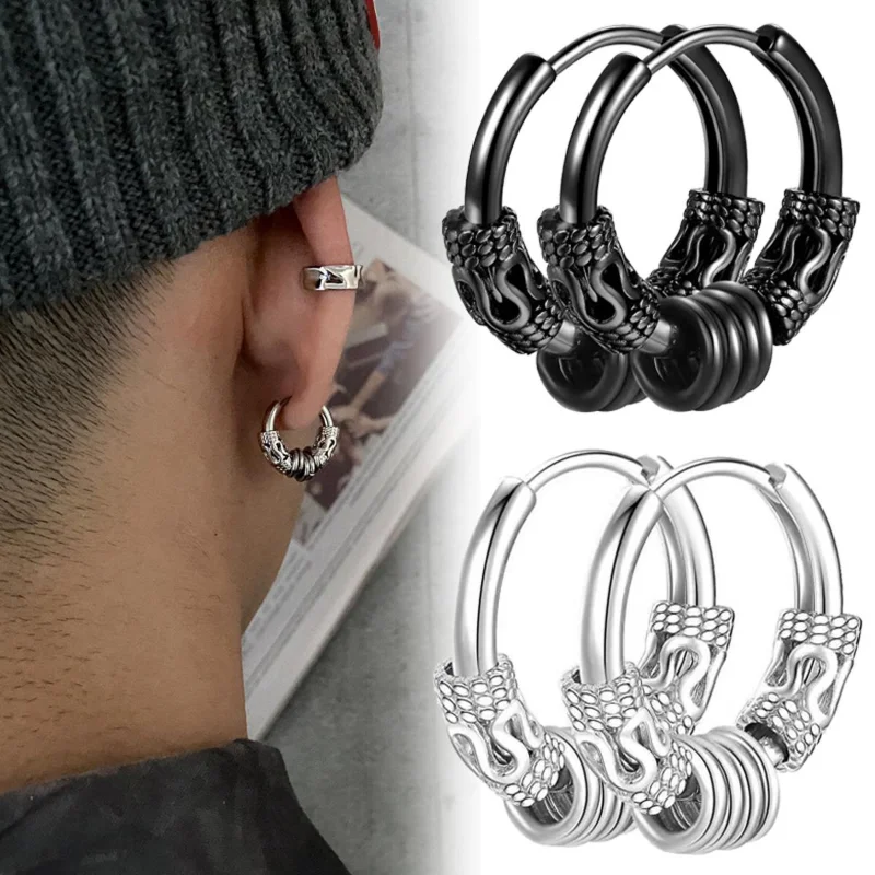 1pcs Classic Stainless Steel Hoop Earrings for Men Hip Hop Earring for Women Dragon Pattern Earrings Punk Gothic Jewelry Gift
