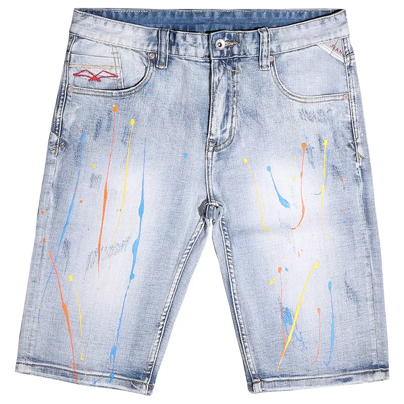 Short Jeans Men Streetwear Splash-ink Printed Denim Shorts Fashion Casual Light Blue Stretch Straight Pants