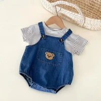 2022 summer new baby cute bear print denim overalls strap t shirt 2pcs set infant sleeveless denim bodysuit baby clothes set
