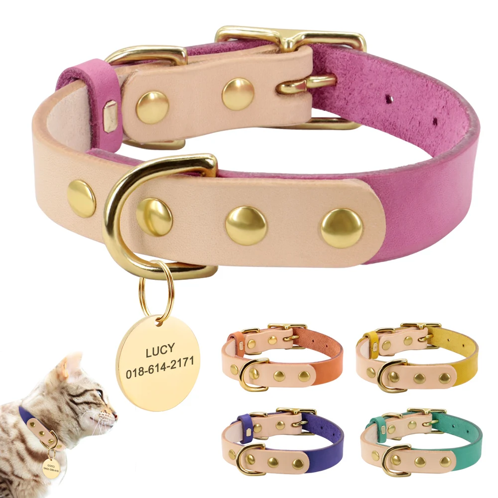 

Personalized Genuine Leather Dog Collar with Name Plate Custom Chihuahua Collars Anti-lost For Small Medium Dogs Cat Adjustable
