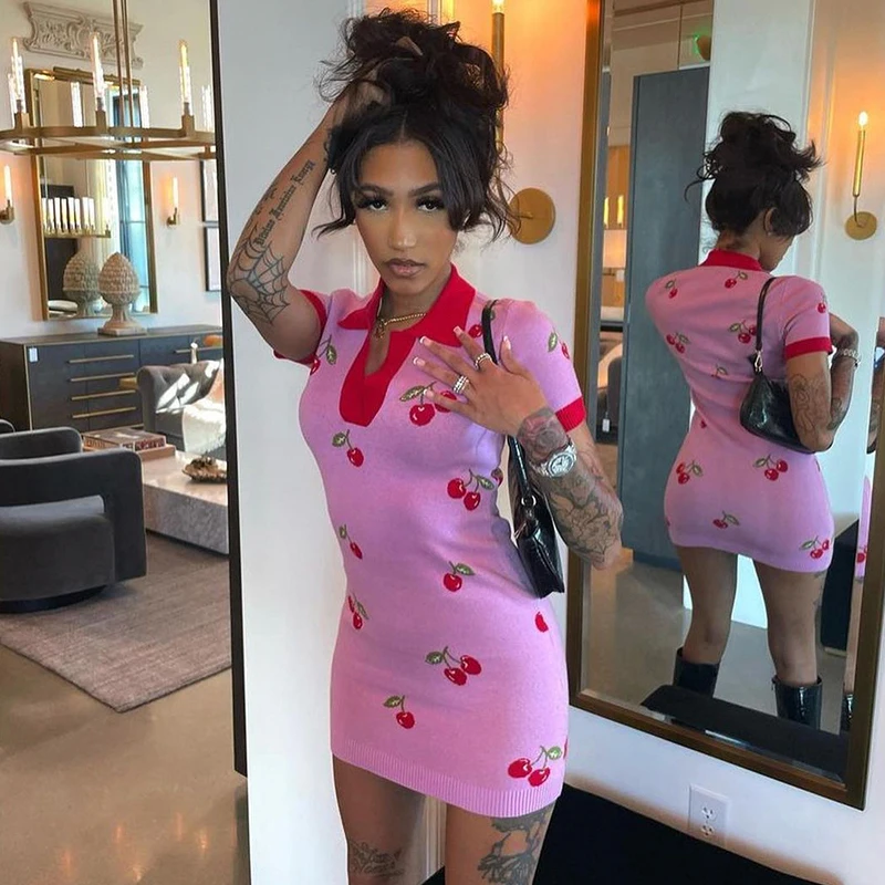 

WeiYao Cherry Print Cute Short Sleeve Summer Knitted Shirt Dresses For Women Contrast Turn Down Collar Pink Bodycon Mini Dress