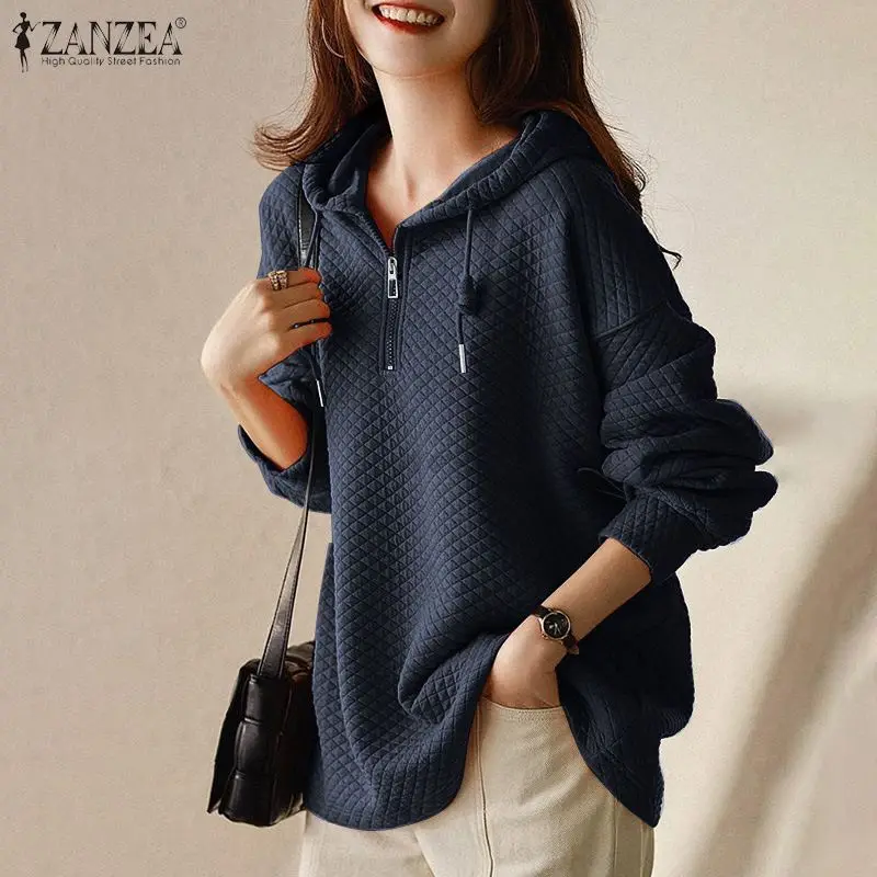 

ZANZEA Vintage Loose Holiday Sweatshirt 2022 Spring Solid Hooded Tops Women Casual Long Sleeve Baggy Hoodies Office OL Chemise