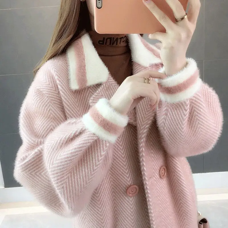 

Elegant Lazy Wind Sweater Cardigan Women Winter Korean Fleece Knitted Jacket Female Casual Lapel Single Breasted Coat M21
