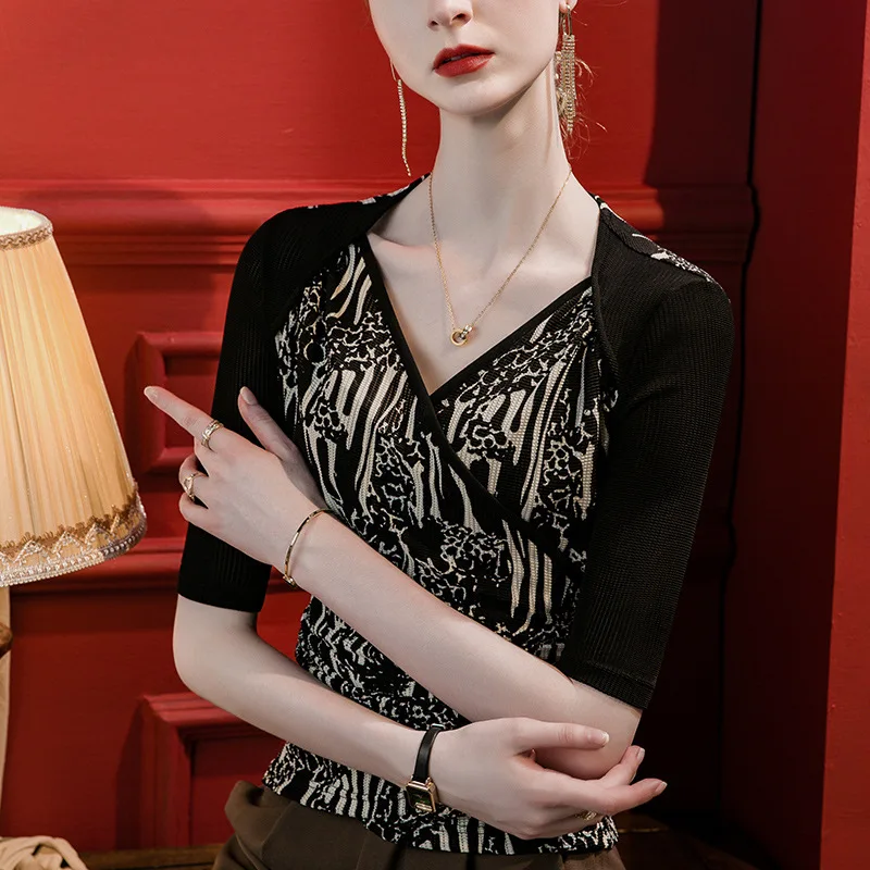 

High Quality 2023 Women T-shirt Splice Print Design Style Female Autumn Sexy Crop Top Clothes Casual Blouses Grace Meeting Y2K