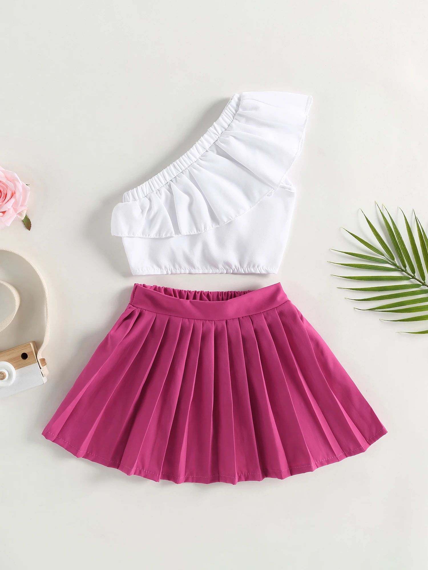 

Adorable Toddler Girls White One Shoulder Ruffle Top and Solid Color Pleated Skirt Summer Outfit Set for a Stylish Look