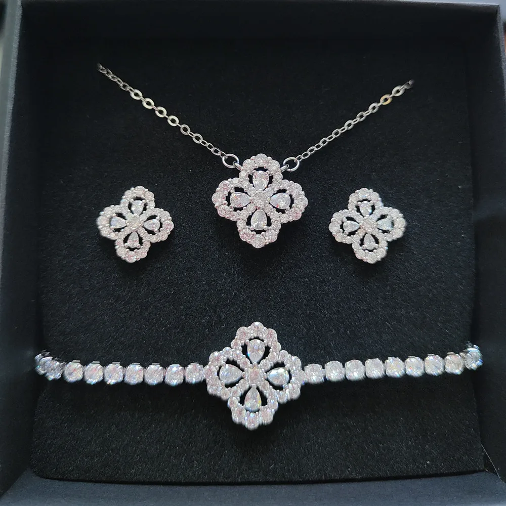 New Water Drop Bracelet Clover Design Zircon Clavicle Chain Female Bride Jewelry Gift Ladies Woman Bracelet Earrings NecklaceSet images - 6