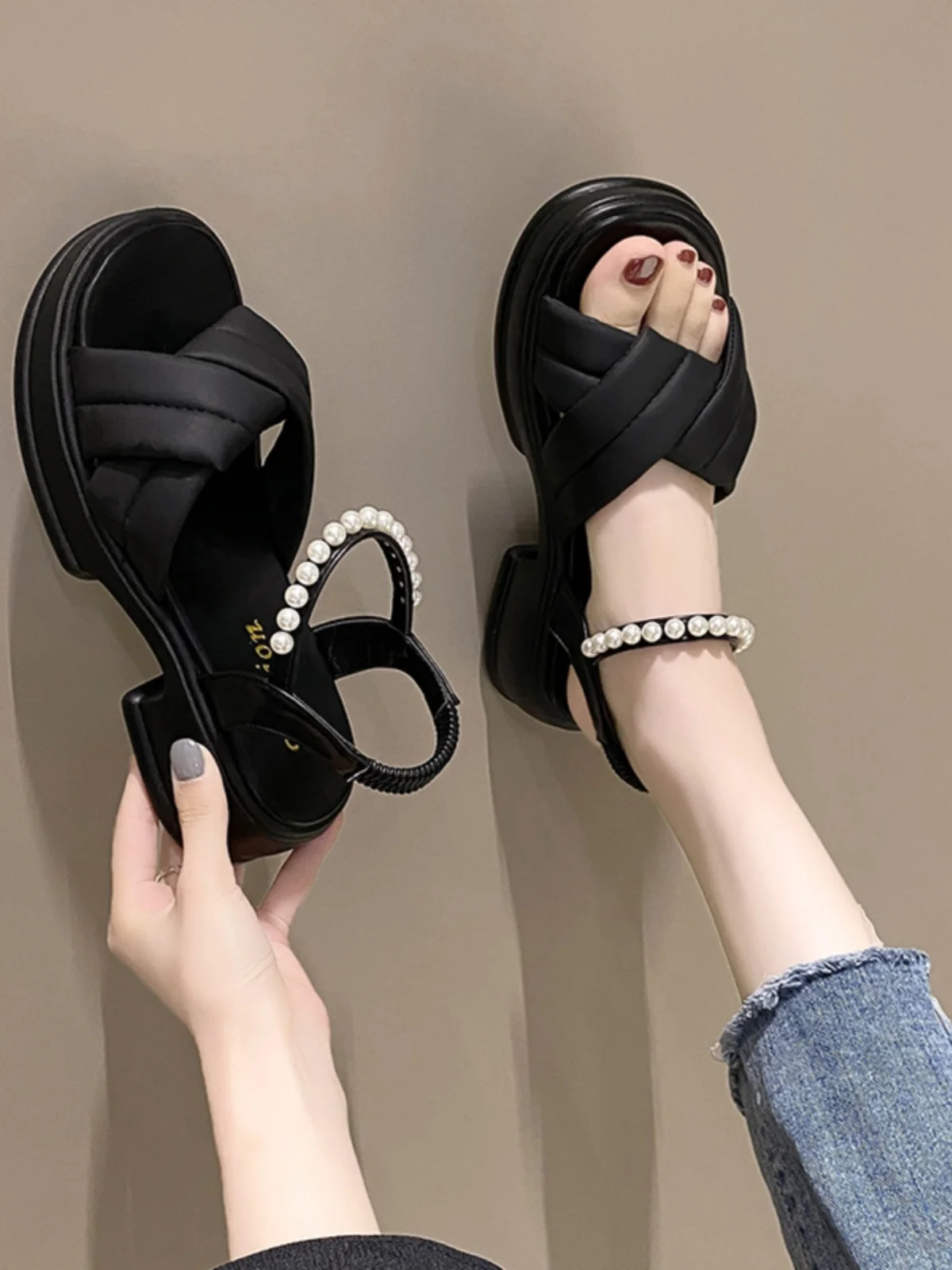 

Beige Heeled Sandals Espadrilles Platform Increasing Height 2023 Women's Med Ladies Shoes Summer Clogs Wedge Muffins shoe Black