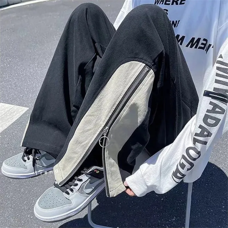 Wide-Leg Pants Men Streetwear Zipper Split Trousers Hip Hop Loose Straight Sweatpants Spring Autumn Patchwork Casual Calça Cargo