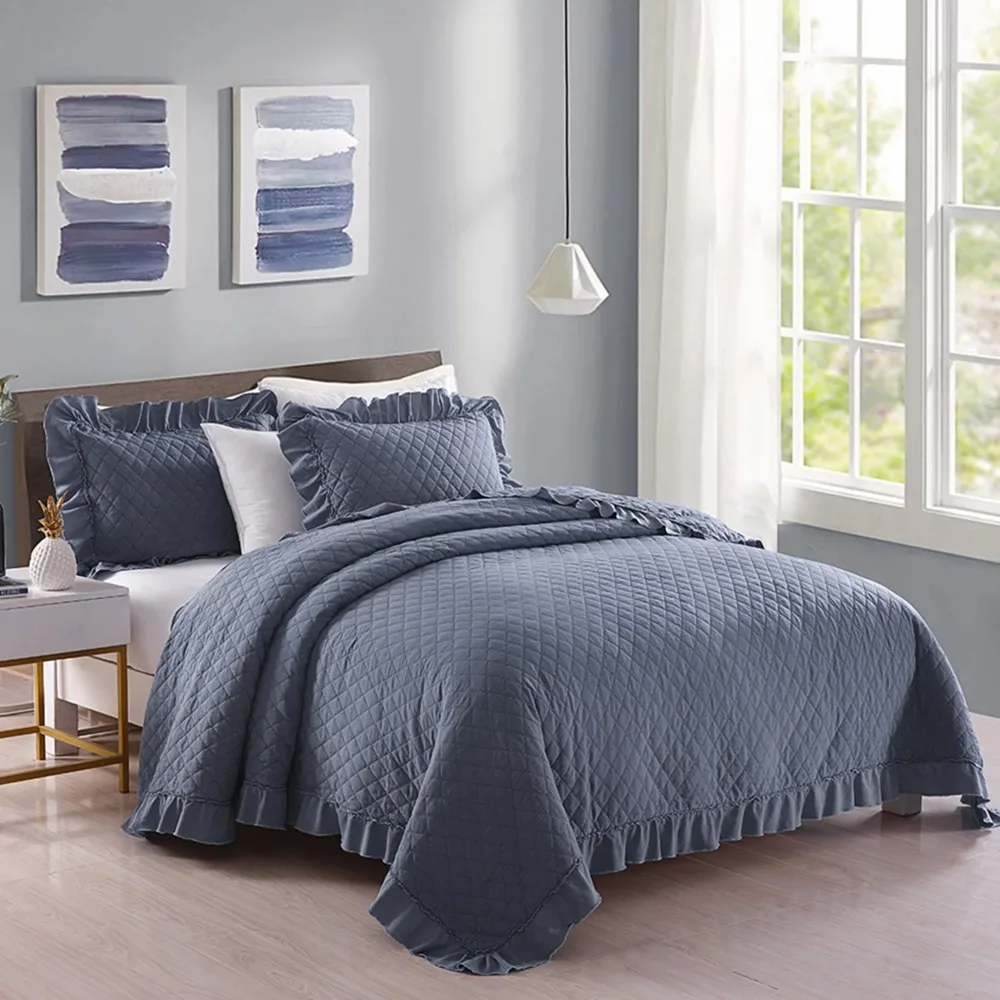 

3 Piece Quilt Set Queen,Stone Washed Microfiber Bedspread Coverlet,Dark Blue 88"x92"